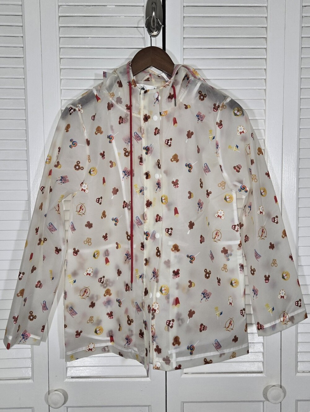 Disney Parks Mickey Mouse Snack & Treats Clear Hooded Raincoat Red Zipper Sz S